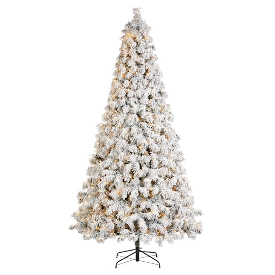 Glitzhome® 9ft Pre-Lit Flocked Full Spruce Artificial Christmas Tree, Warm White LED Lights